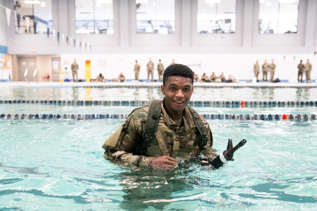 Palmetto Battalion Army ROTC stages a combat water survival test in the pool at Deas Hall at The Citadel in Charleston, South Carolina on Thursday, April 1, 2021. (Photo by Cameron Pollack / The Citadel)