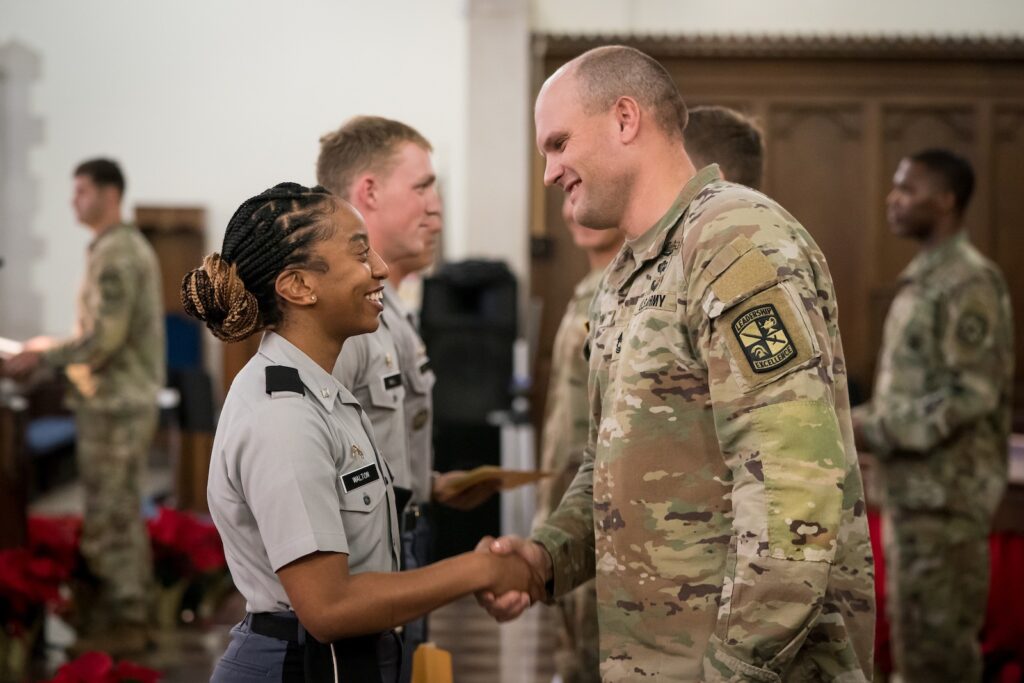 The Palmetto Battalion Army ROTC branching ceremony takes place in Summerall Chapel at The Citadel in Charleston, South Carolina on Wednesday, December 1, 2021. Credit: Cameron Pollack / The Citadel