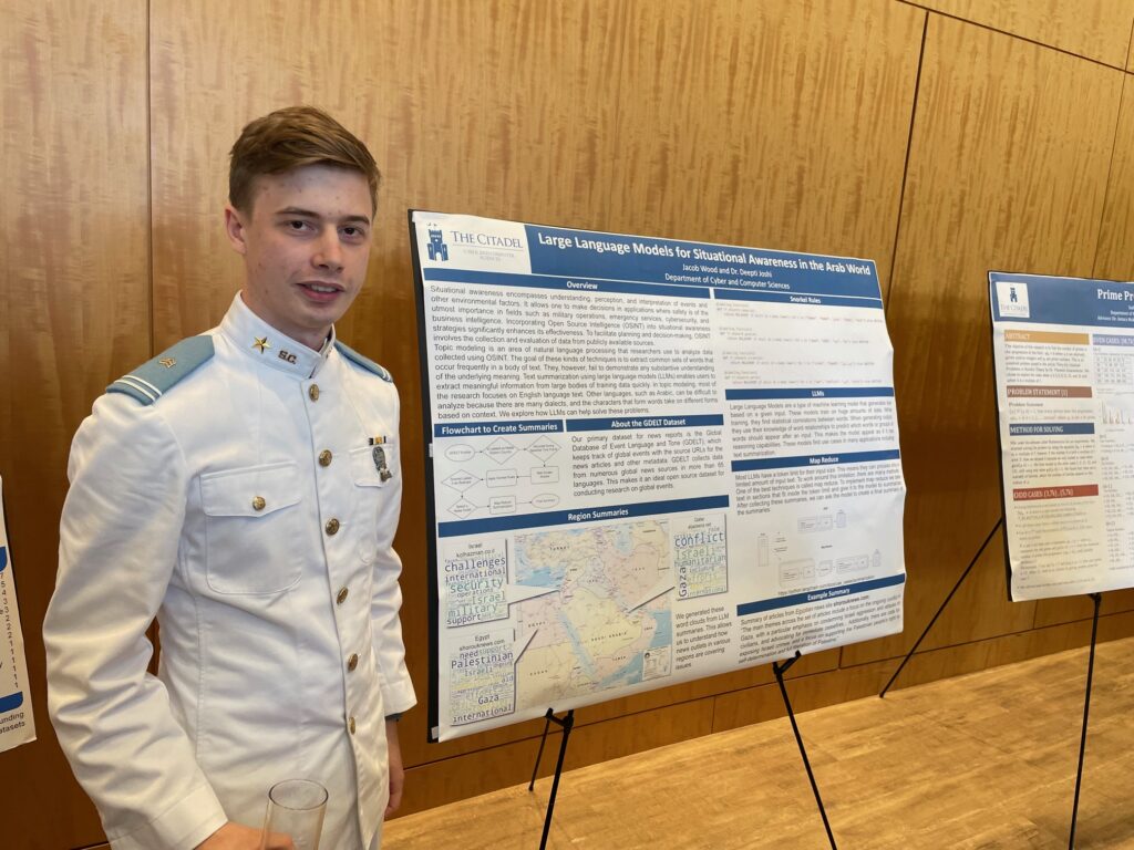Third Year Cadet Jacob Wood with his presentation "Large Language Models for Situation Awareness in the Arab World" at the 2024 Citadel Academy of Science and Mathematics Awards Banquet