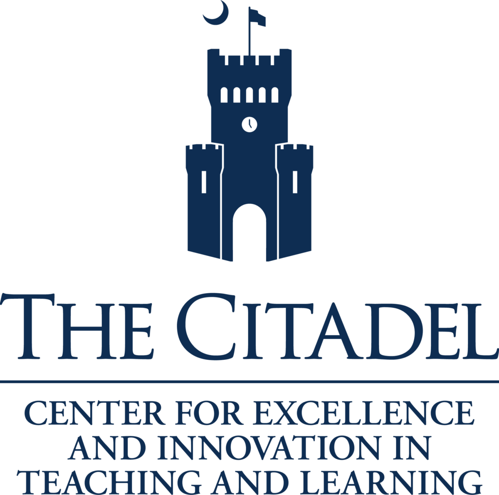 Logo for The Citadel Center for Excellence and Innovation in Teaching and Learning featuring a castle icon topped with a crescent moon and flag.