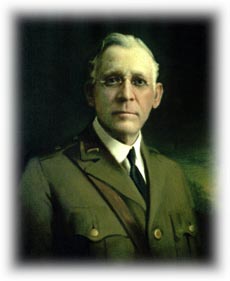 Painted portrait of a military officer in an olive-green uniform.