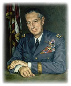 Painted portrait of a U.S. Army general in dress uniform seated in front of an American flag.