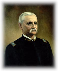Painted portrait of an older military officer with a white mustache in a dark uniform.