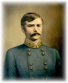 Painted portrait of a mustached military officer in a gray double-breasted uniform with gold collar detailing.