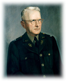 Painted portrait of a military officer wearing glasses and a dark uniform.