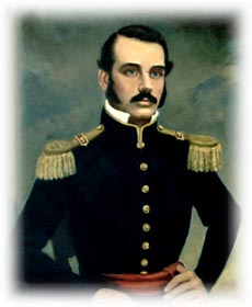 Painted portrait of a mustached military officer in a dark uniform with gold epaulettes.