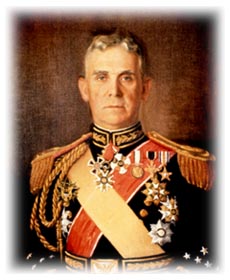 Painted portrait of a decorated military officer in ceremonial dress uniform with medals, sash and gold epaulettes.
