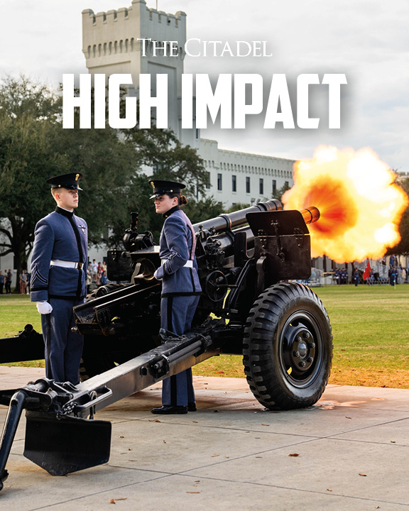 The Citadel High Impact 2025 cover. Two cadets standing near a shooting cannon at The Citadel