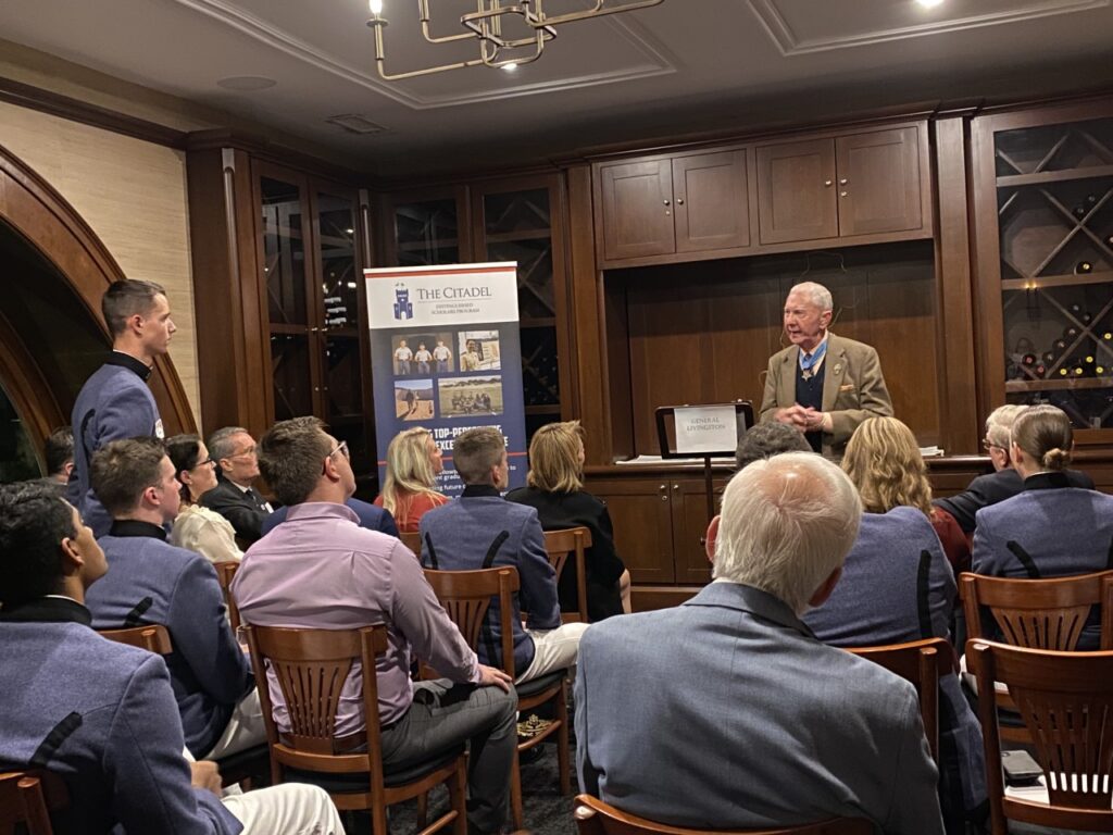 Medal of Honor recipient Major General James Livingston answers questions after his speech at the Fall 2022 Induction Dinner