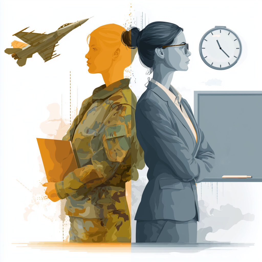 Illustration of a military service member transitioning to a career in education through the Camos to Classroom program.