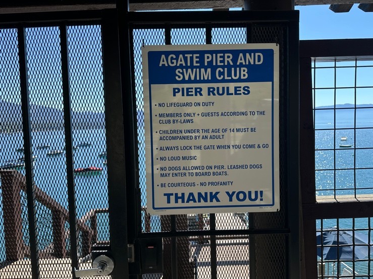 Entrance to Agate Pier and Swim Club overlooking Lake Tahoe.
