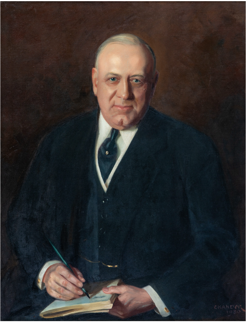 Formal painted portrait of William States Lee in a dark suit and robe, seated and writing in a book, against a brown background.