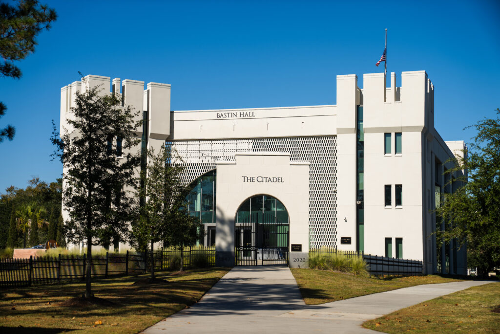 Bastin Hall, at The Citadel, exterior image with a blue sky.