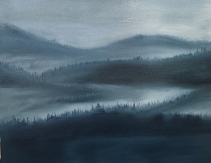 Painting of blue mountains with trees