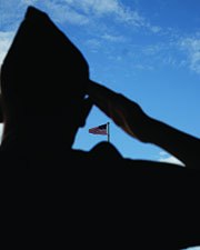 Photograph of cadet saluting American flag.