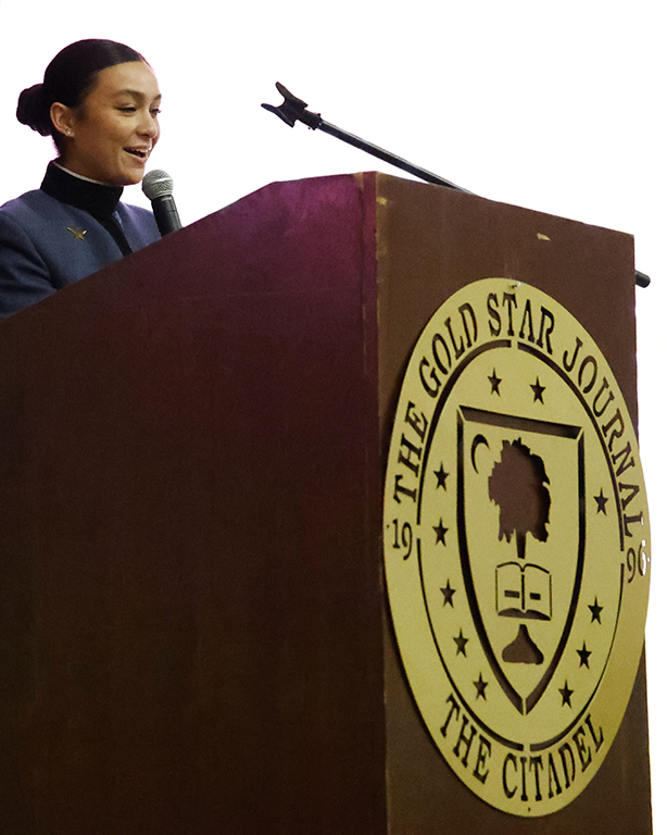 Assistant Editor-In Chief Kanjanika Kincaid speaking to the audience.