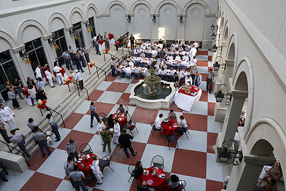 Guests eating dinner