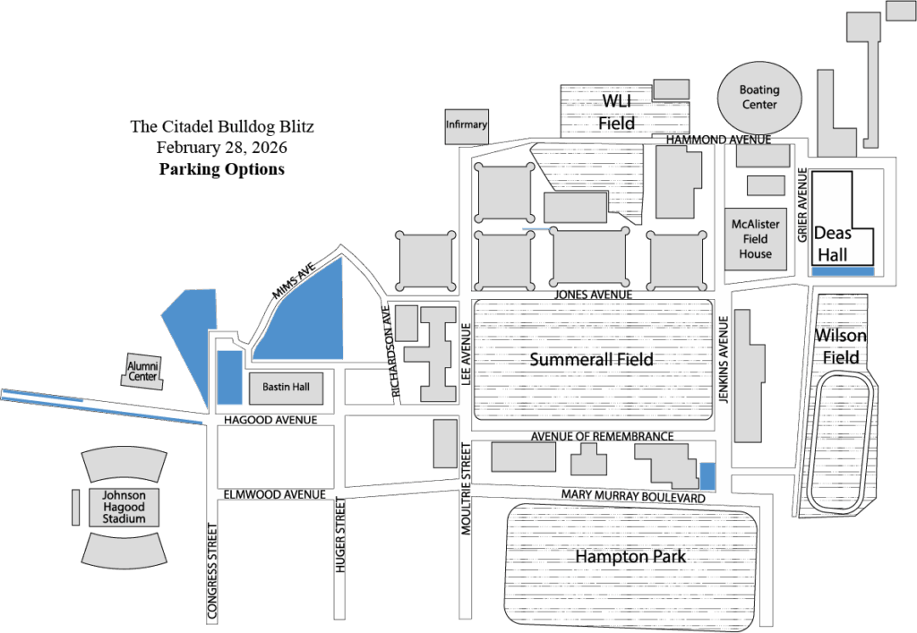 Campus map highlighting parking for events on Summerall Field