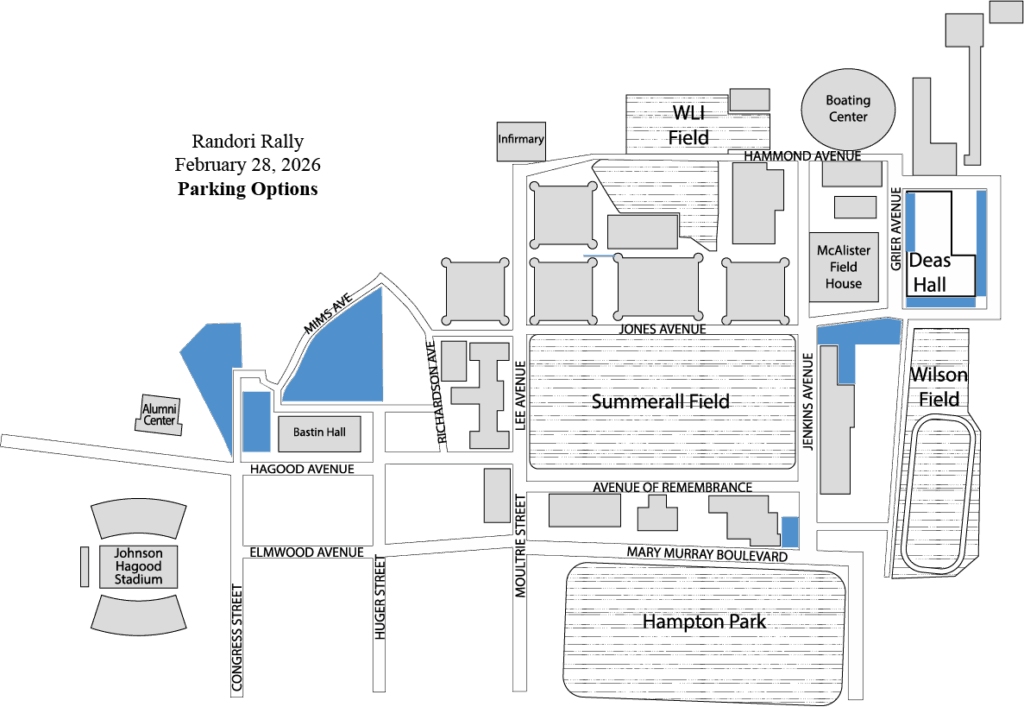 Campus map highlighting parking for events at Deas Hall.