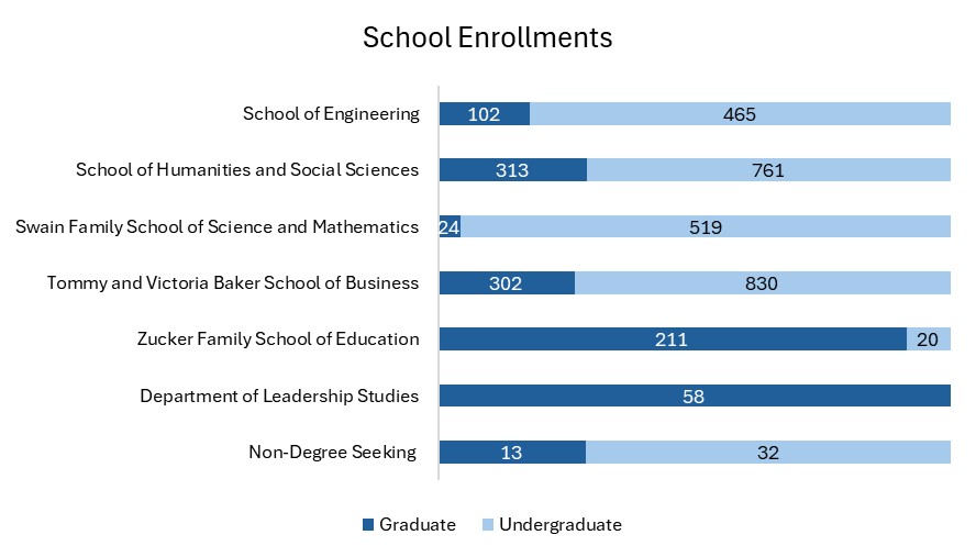 A horizontal bar chart titled School Enrollments showing graduate and undergraduate student counts for various schools, with graduate students in dark blue and undergraduate students in light blue.