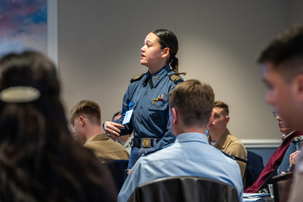 Cadet stands to speak during a session at The Citadel’s Honor Conference.