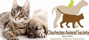 Charleston Animal Society logo featuring a cat and dog alongside silhouettes of a dog and cat.