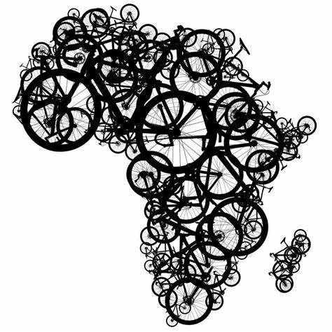 Silhouette of the African continent composed of overlapping bicycle illustrations.