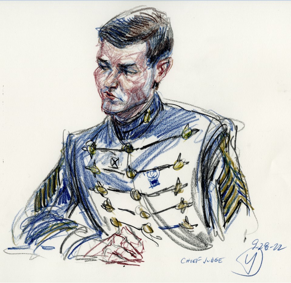 Sketch of a Citadel cadet in dress uniform serving as chief judge during an honor trial.