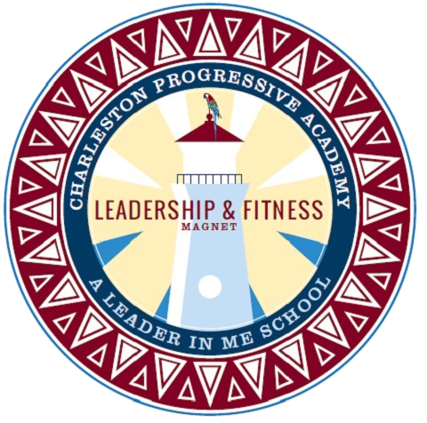 Charleston Progressive Academy Leadership & Fitness Magnet circular logo featuring a lighthouse and the phrase “A Leader in Me School.”