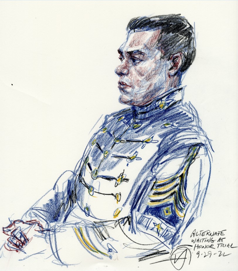 Sketch of a seated Citadel cadet in dress uniform during an honor trial.
