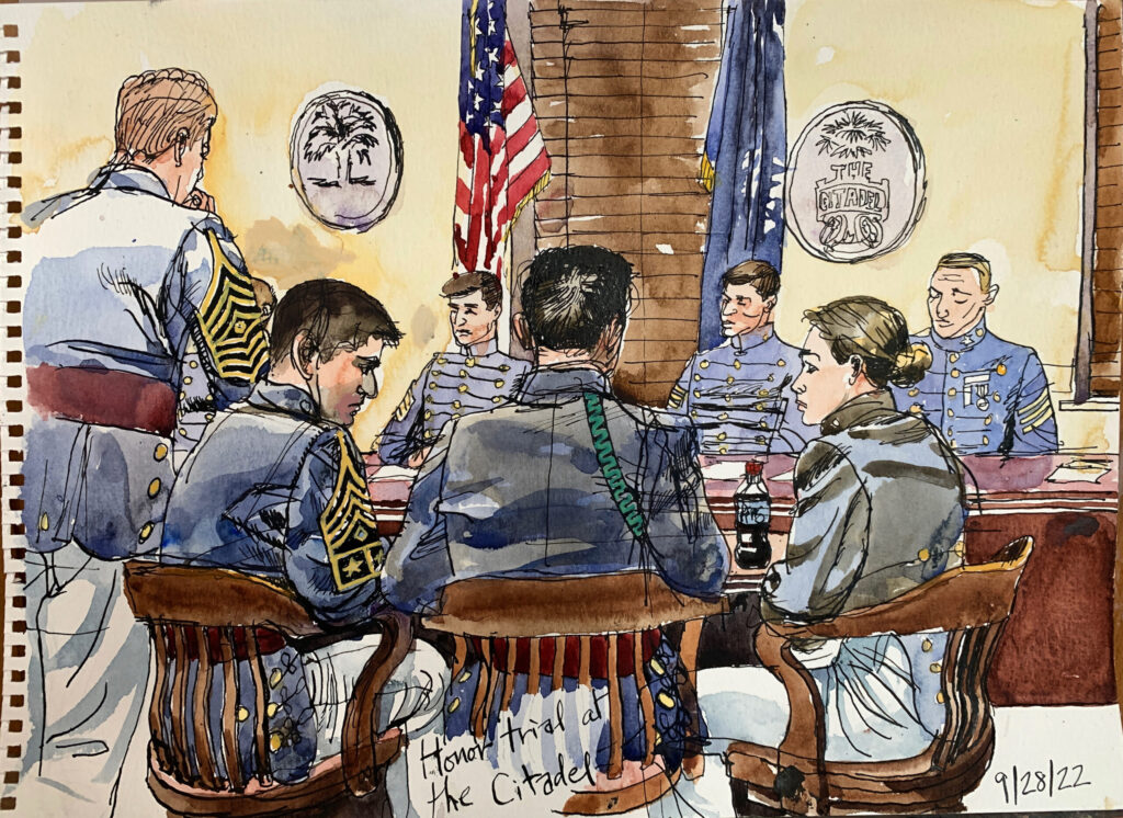 Watercolor illustration of Citadel cadets in dress uniforms participating in an honor trial.