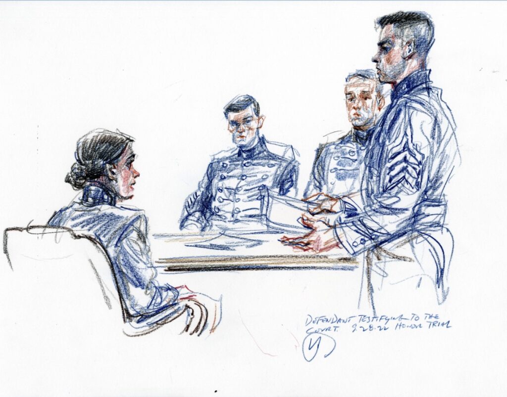 Sketch of Citadel cadets participating in an honor trial, with one cadet standing and addressing the group.