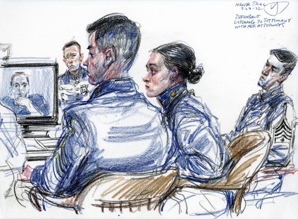 Sketch of Citadel cadets seated during an honor trial, including a participant appearing remotely on a monitor.