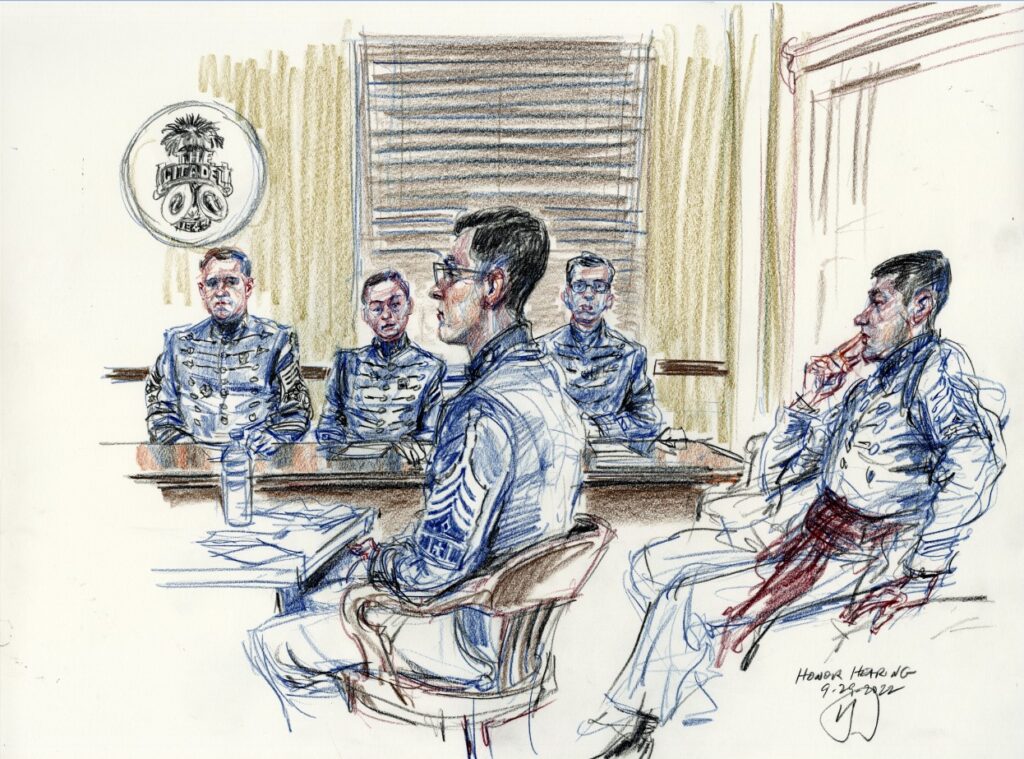 Sketch of Citadel cadets seated in a hearing room during an honor trial.