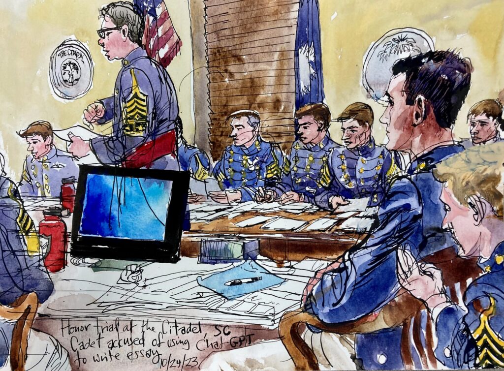 Watercolor illustration of Citadel cadets gathered around a table during an honor trial, with one cadet standing and addressing the group.
