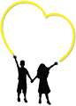 Graphic of two children reaching toward a large heart outline.