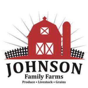 Johnson Family Farms logo featuring a red barn and the words “Produce · Livestock · Grains.”