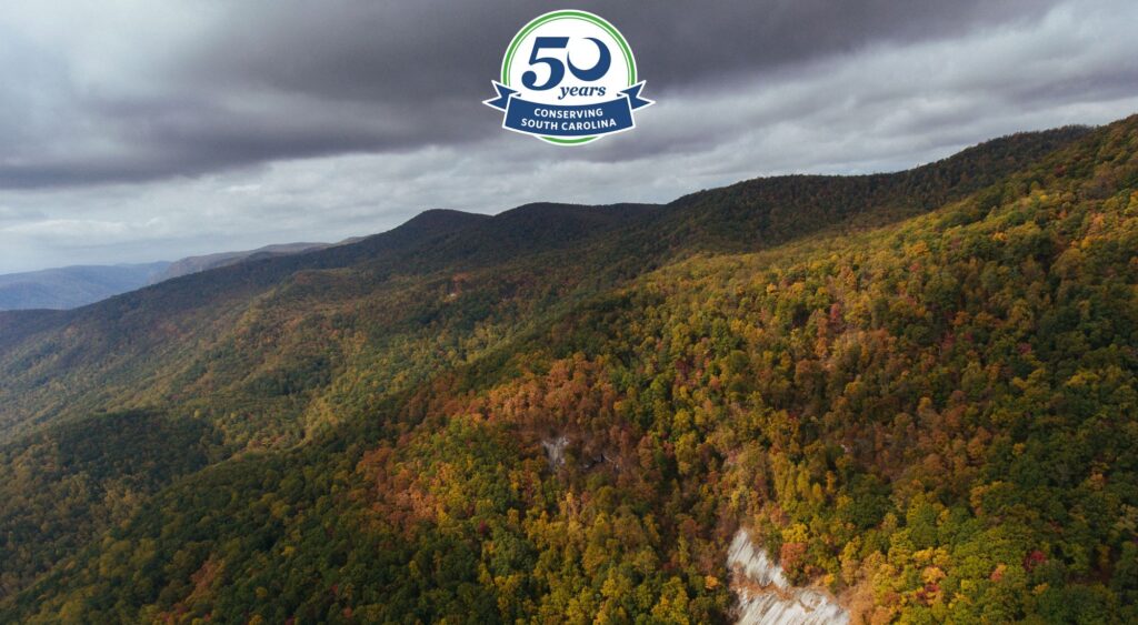 Forested mountain landscape in autumn with a “50 Years Conserving South Carolina” anniversary emblem.