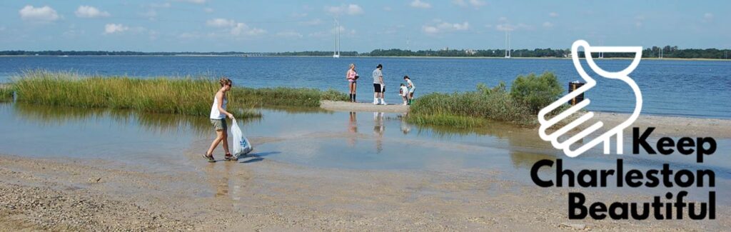 Volunteers collecting litter along a Charleston waterfront with the “Keep Charleston Beautiful” logo.