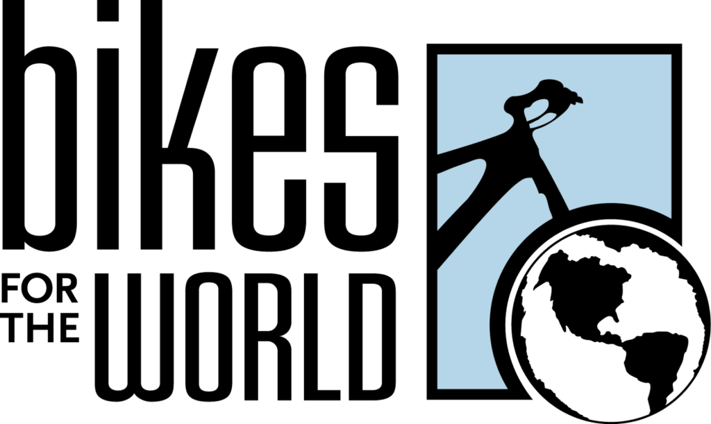 Stylized black bicycle graphic against a light blue rectangular background.