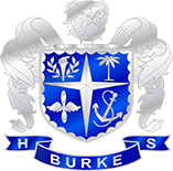 Burke High School crest featuring a blue shield with white symbols and a banner reading “Burke.”