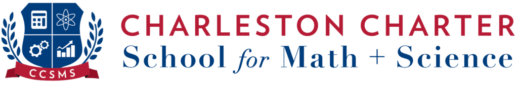 Charleston Charter School for Math + Science logo with a shield featuring math, science and technology symbols.