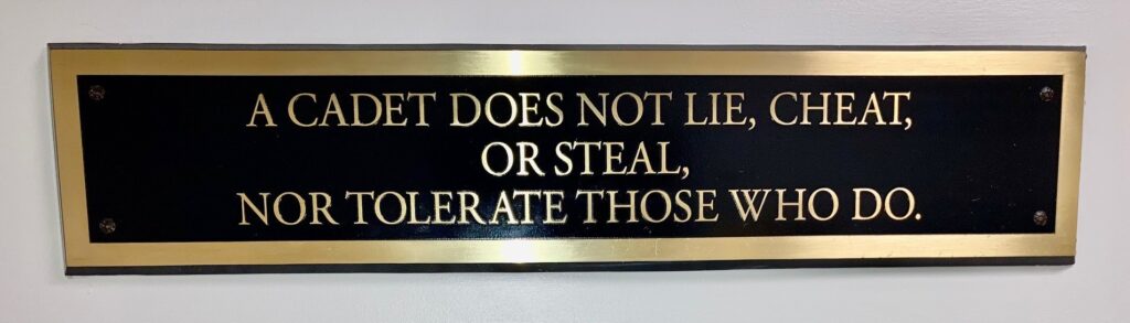 Plaque displaying The Citadel Honor Code: “A cadet does not lie, cheat, or steal, nor tolerate those who do.”
