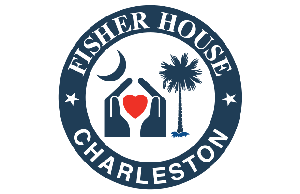 Fisher House Charleston logo featuring hands holding a red heart, a crescent moon and a palmetto tree.
