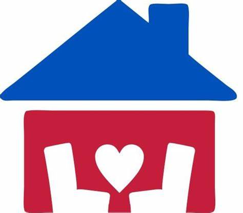 Furniture bank logo featuring a blue roof above a red room with two white chairs and a heart.