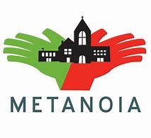 Metanoia logo featuring colorful hands surrounding a community building.