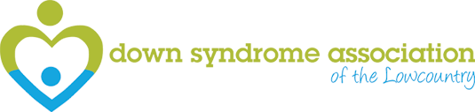Down Syndrome Association of the Lowcountry logo featuring green and blue heart-shaped figures.
