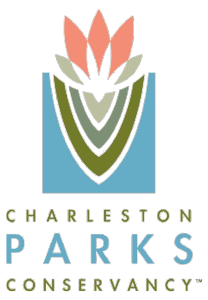 Charleston Parks Conservancy logo featuring a stylized flower in blue, green and coral.