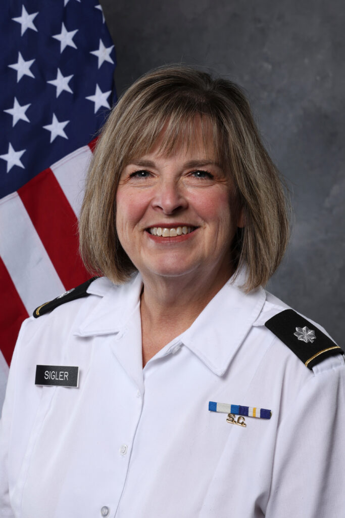 Portrait of Tracey Sigler in a Citadel military uniform.