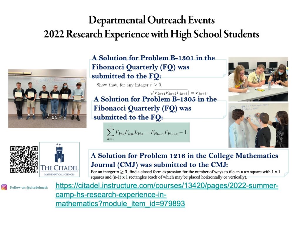 Departmental Outreach Events 2022 Research Experience with High School Students. 
